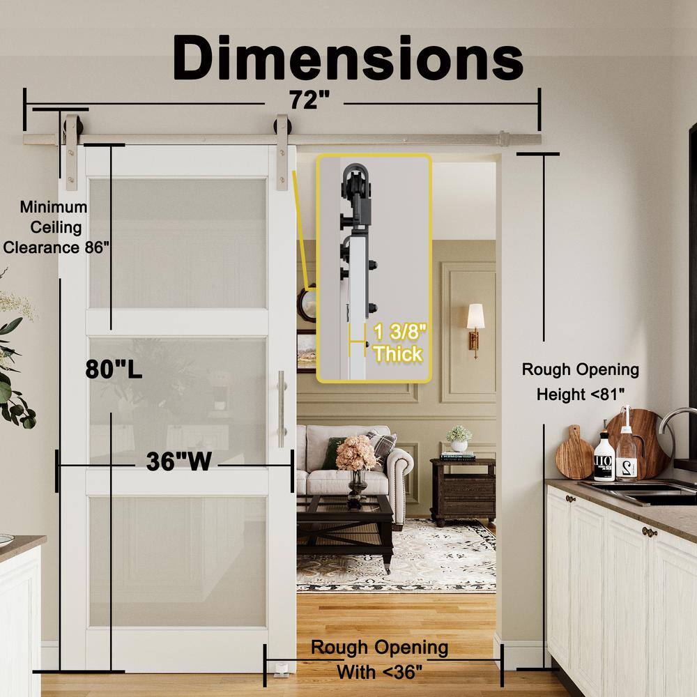 36" x 80" White Primed MDF Barn Door with Frosted Glass and Nickel Hardware