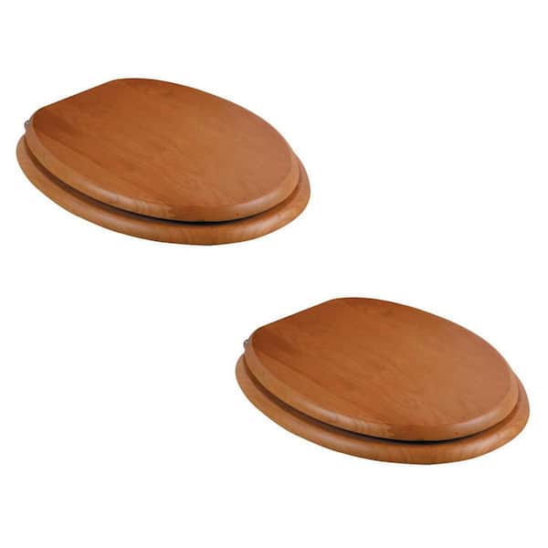 Light Oak Wooden Toilet Seat Elongated Toilet Seat with Brass PVD Hinges and Non Slip Bumper Pack of 2