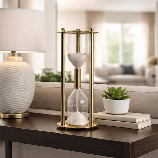 Gold 7.5 in. x 18 in. Glass Decorative Round Hourglass Sandtimer Sculpture with Metal Support Rods