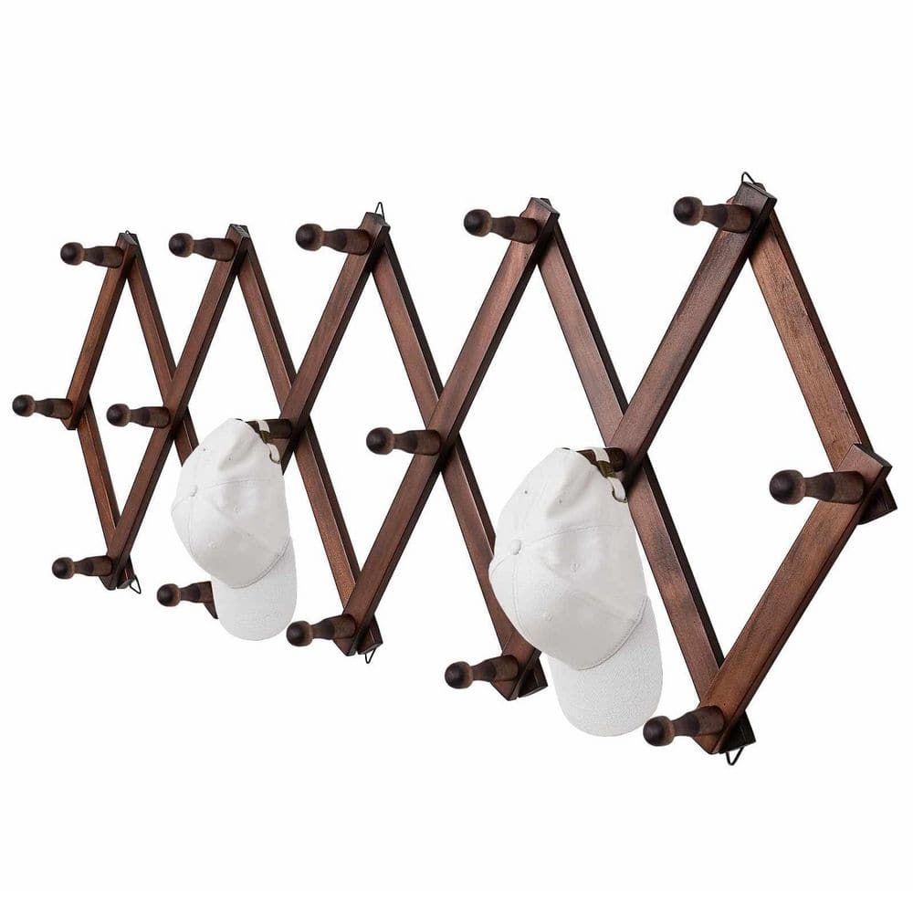 Capot Rack Brown Wood Expandable Coat Rack with 16 Hooks, Wall Hat Rack for ...