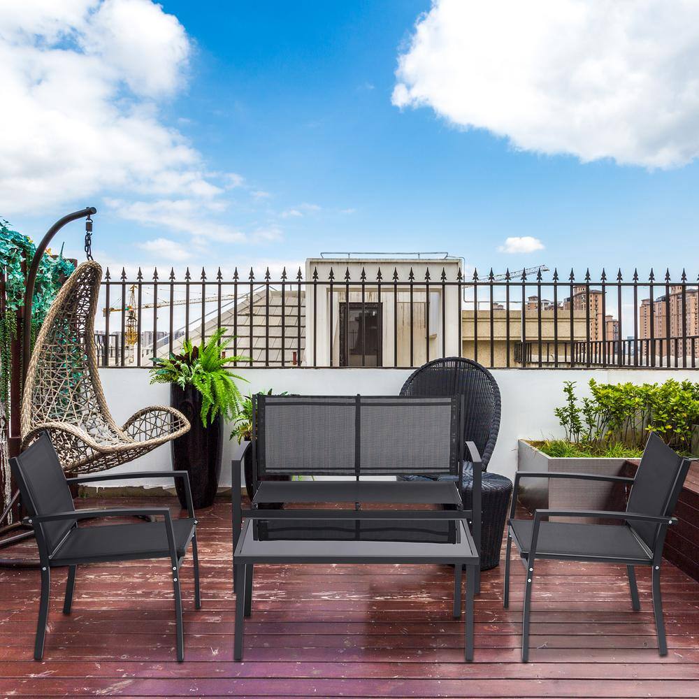 4-Piece Metal Patio Conversation Set with Glass Coffee Table, Outdoor Furni