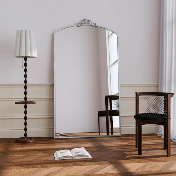 Vintage Baroque Antique Silver 36 in. W x 66.50 in. H Arched Metal Full Length Mirror-Versatile Floor/Wall Mount