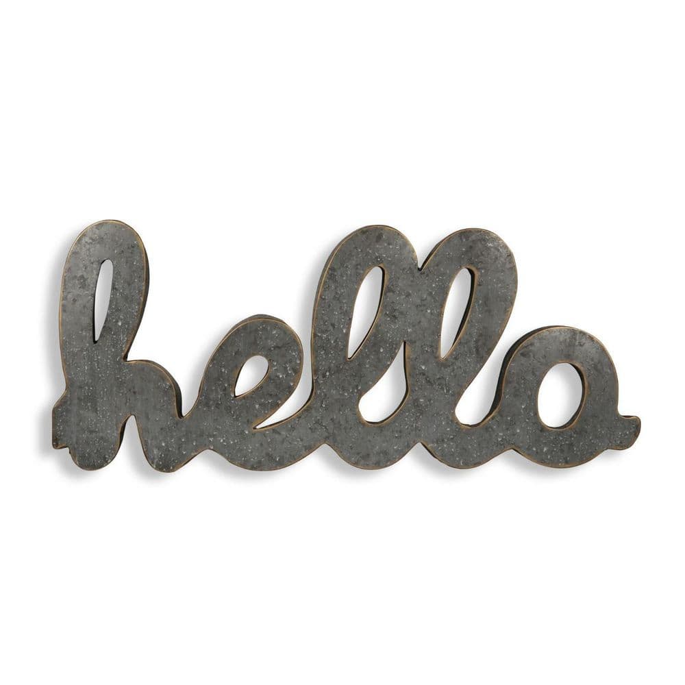 28 in. x 11.75 in. Gray Handcrafted Metal Hello Wall Art