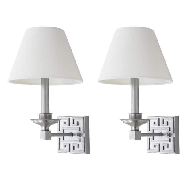 SAFAVIEH Elvira 4.75 in. 2-Light Silver Greek Key Wall Indoor Sconce with White Shade (Set of 2)