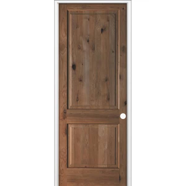 36 in. x 96 in. Rustic Knotty Alder 2 Panel Square Top Left-Hand Single BEHR True Black Stain Wood Prehung Interior Door