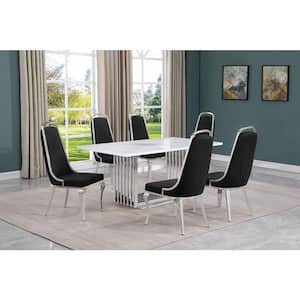 Lisa 7-Piece Rectangular White Marble Top Chrome Base Dining Set with Black Velvet Chairs Seats 6.
