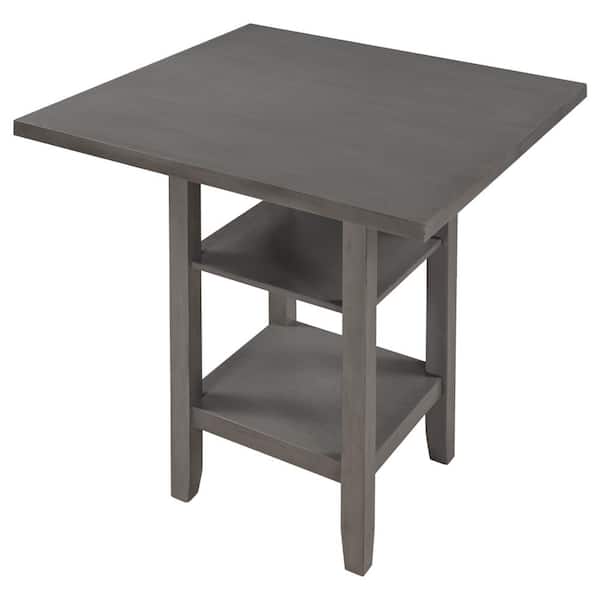 Harper & Bright Designs Gray Wood Top 35.4 in. Pedestal Dining Table with 2-Tier Shelves (Seats 4)