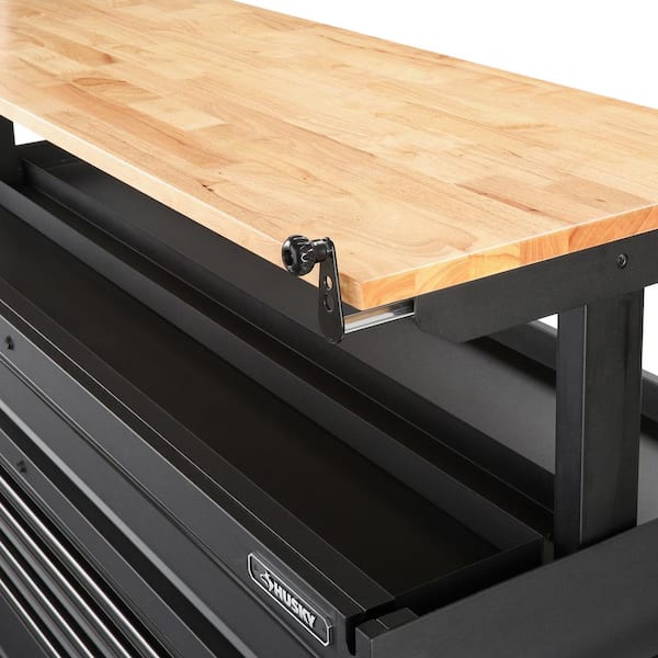 Husky - Tool Storage 62 in. W Heavy Duty Matte Black Mobile Workbench Cabinet with Adjustable Height Wood Top