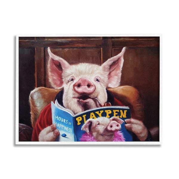 Stupell Industries Funny Pig Magazine Man Cave by Lucia Heffernan 1-Piece White Framed Animal Giclee Art Print 20 in. x 16 in.