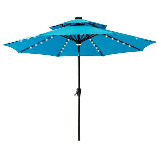C-Hopetree 9 ft. Double Top Aluminum Market Solar Tilt Patio Umbrella with LED Lights in Aqua Blue Solution Dyed Polyester