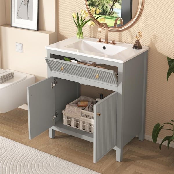 Magic Home 30 in. Freestanding Multi-functional Storage Bathroom Vanity Cabinet with Combo Sink, Door and Drawers, Grey