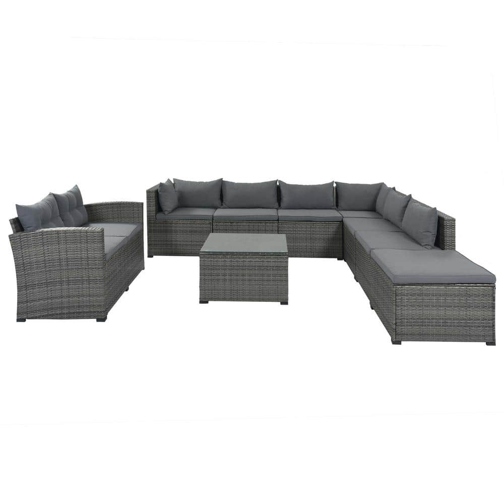 Gray 9-Piece Wicker Metal Outdoor Sectional Set with Gray Cushions