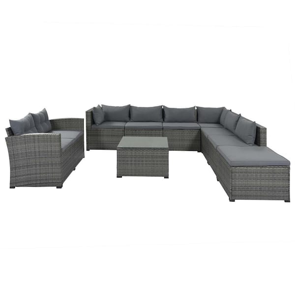 Unbranded Gray 9-Piece Wicker Metal Outdoor Sectional Set with Gray Cushions
