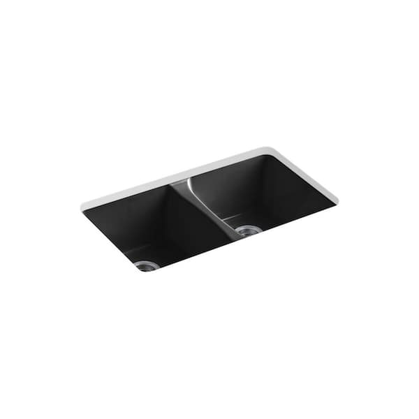 KOHLER Deerfield 33 in. Undermount Double Bowl Cast Iron Kitchen Sink in Black Black