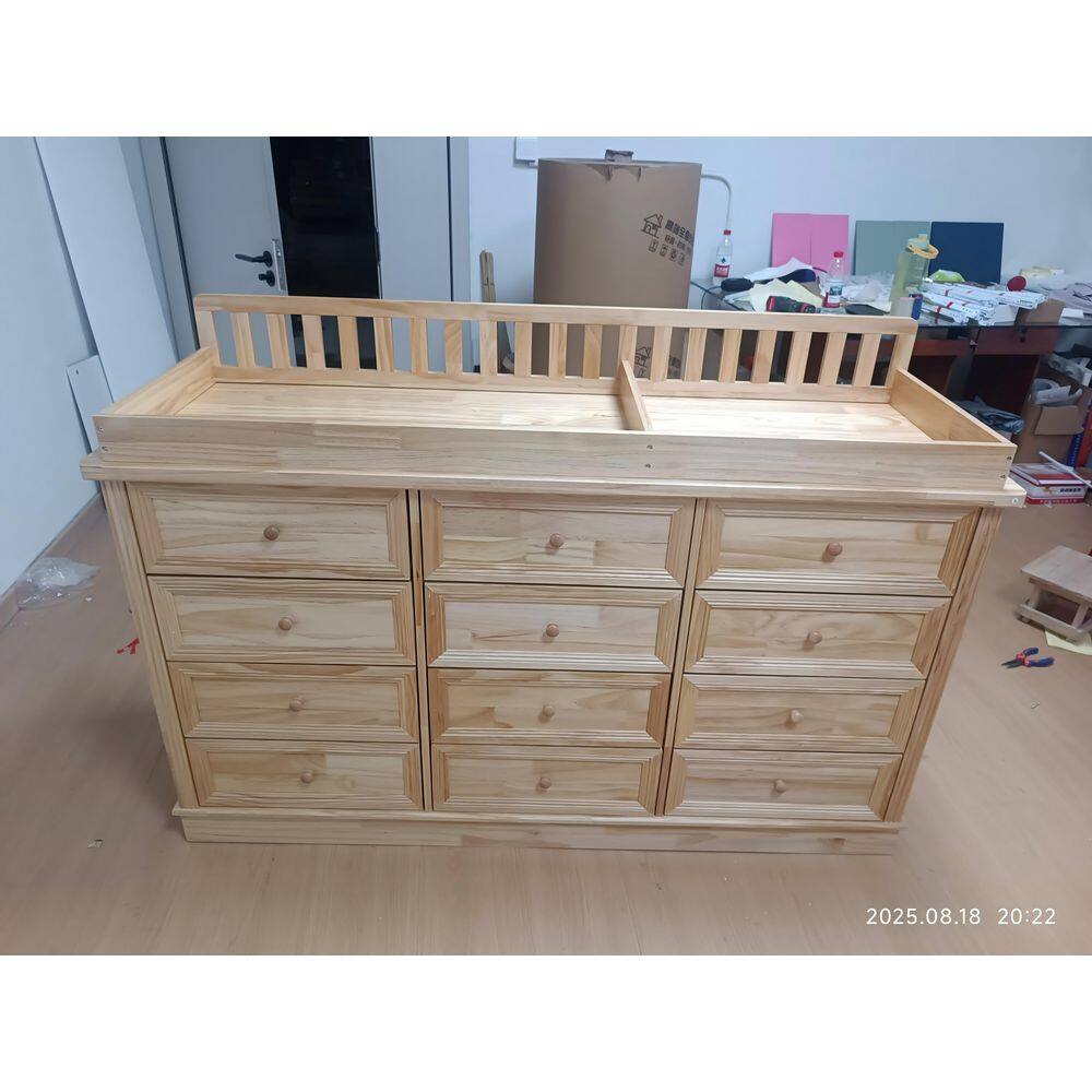 Clear Natural Finish Solid Wood Changing Table Dresser with 12 Drawers, Removable Rail, and Anti-Tip Kit,Nursery Storage