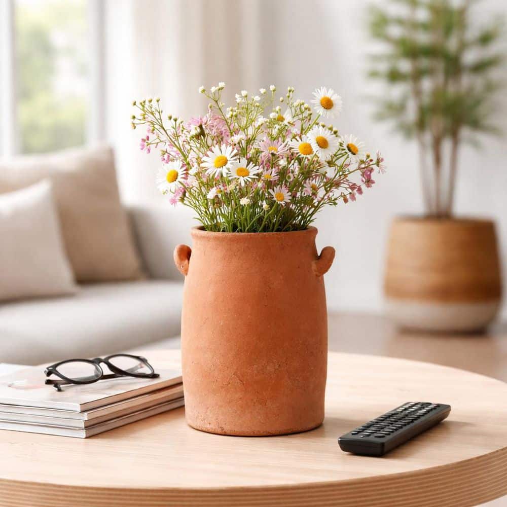 8 in. Red Ceramic Textured Traditional Handle Decorative Vase