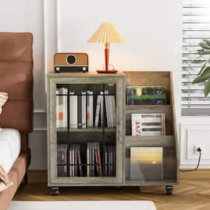 Record Player Stand Grey 31.5 in. H Storage Cabinet with LED Lights and Charging Station