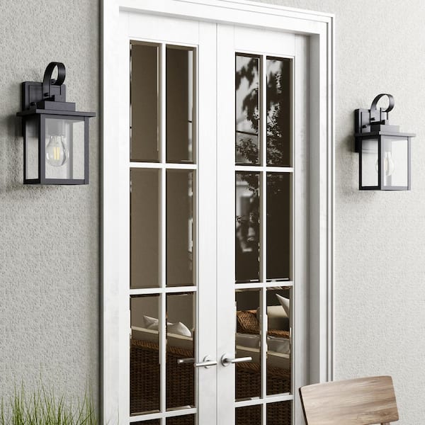 Hawaii 12 in. H 1-Bulb Black Hardwired Outdoor Wall Lantern Sconce with Dusk to Dawn with LED Bulb (2-Pack)