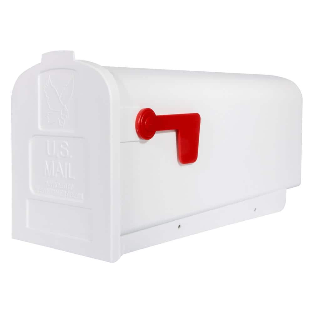 White Medium Plastic Post Mount Mailbox with Red Flag