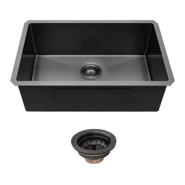 33 in. Undermount Single Bowl 16 Gauge Gunmetal Black Modern Stainless Steel Kitchen Sink Basin with Drain Kit
