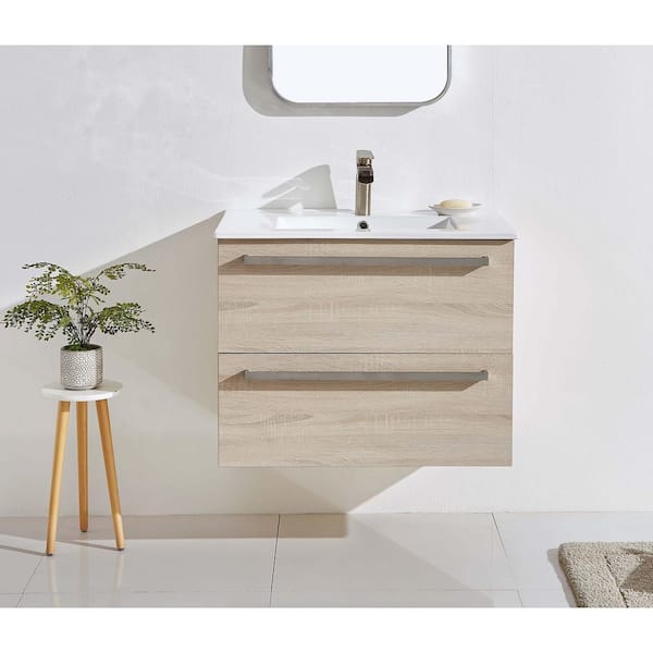 30 in. W x 18.5 in. D x 23 in. H Floating Bathroom Vanity in Light Oak with White Ceramic Top and Vessel Sink
