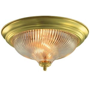 13 in. 2-Light Polished Brass Flush Mount with Frosted Swirl Glass Shade