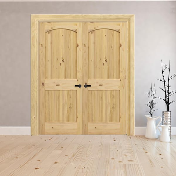60 in. x 80 in. Universal 2-Pnl Unfinished Archtop Knotty Pine Wood Double Prehung Interior French Door w/ Nickel Hinges