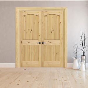 60 in. x 80 in. Universal 2-Pnl Unfinished Archtop Knotty Pine Wood Double Prehung Interior French Door w/ Bronze Hinges