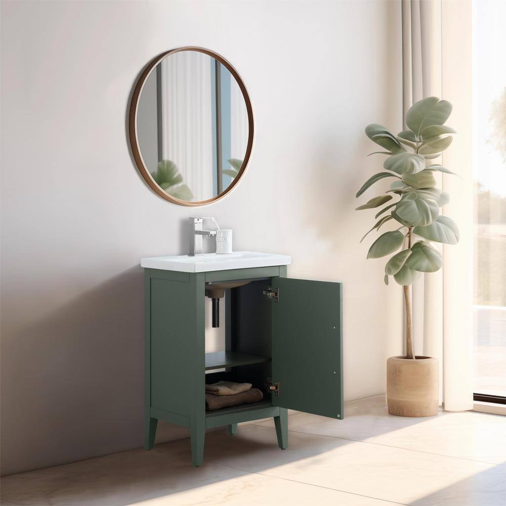 Vintage Green Poplar Wood Single Bathroom Vanity with Ceramic Top