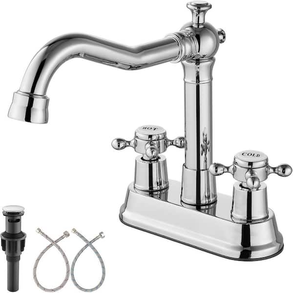 Unbranded 4 in. Centerset Double Handle High Arc Bathroom Faucet with Ceramic Cover with Drain Kit Included in Polish Chrome