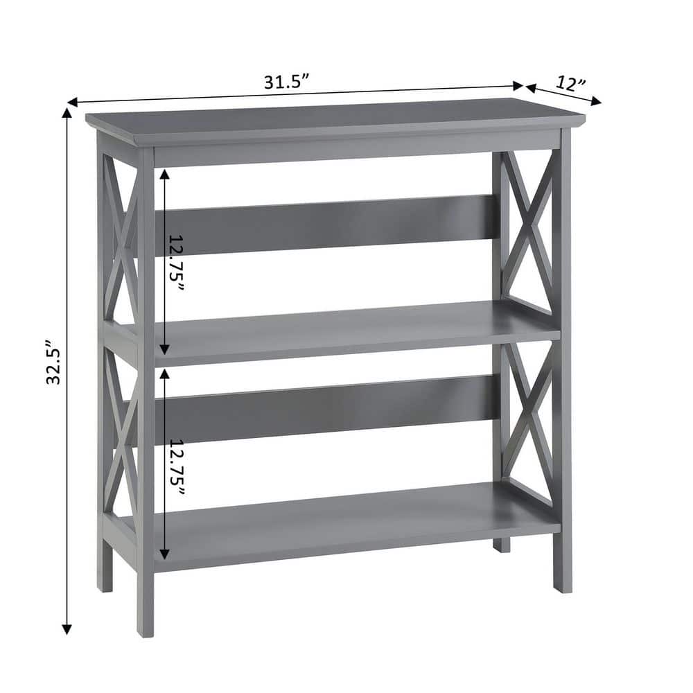 Oxford Gray 3-Tier Modern Bookcase with X Pattern