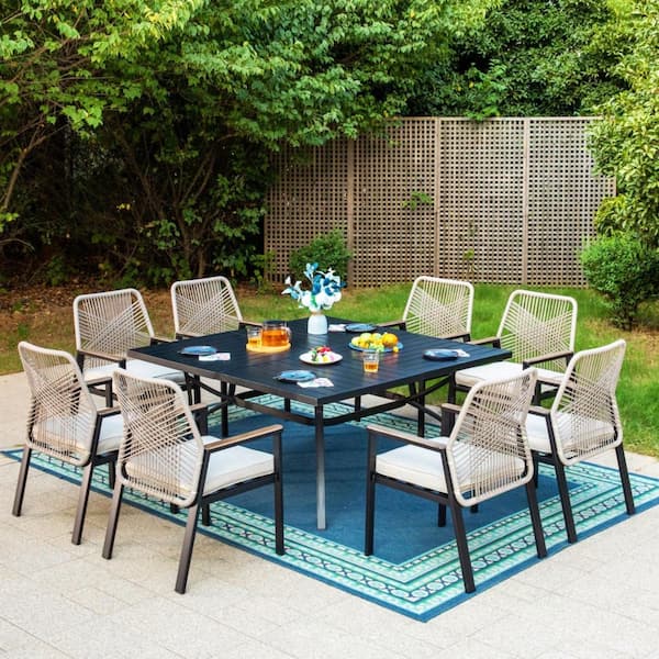 9-Piece Black Metal Patio Outdoor Dining Set with Square Table and Woven Rope Chair with Beige Cushions