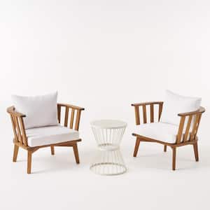 Phipps Teak Brown 3-Piece Wood Outdoor Patio Conversation Seating Set with White Cushions