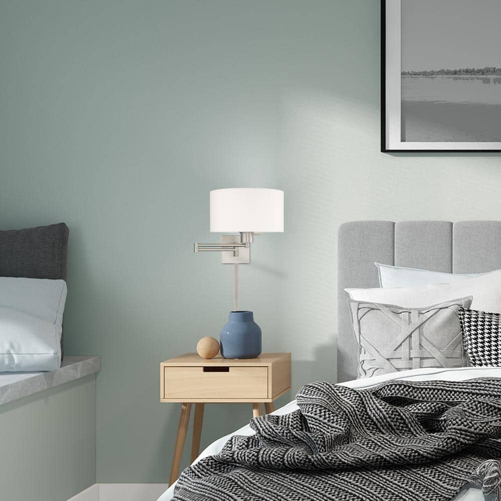 Brushed Nickel Swing Arm Wall Lamp with Off-White Fabric Shade