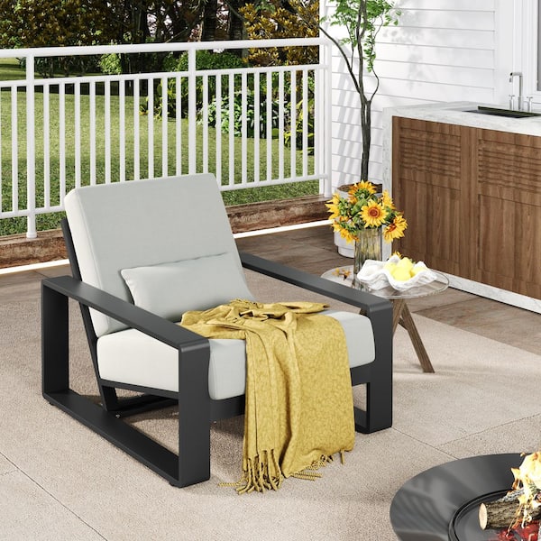 Black Aluminum Outdoor and Indoor Lounge Chair with Light Gray Cushions