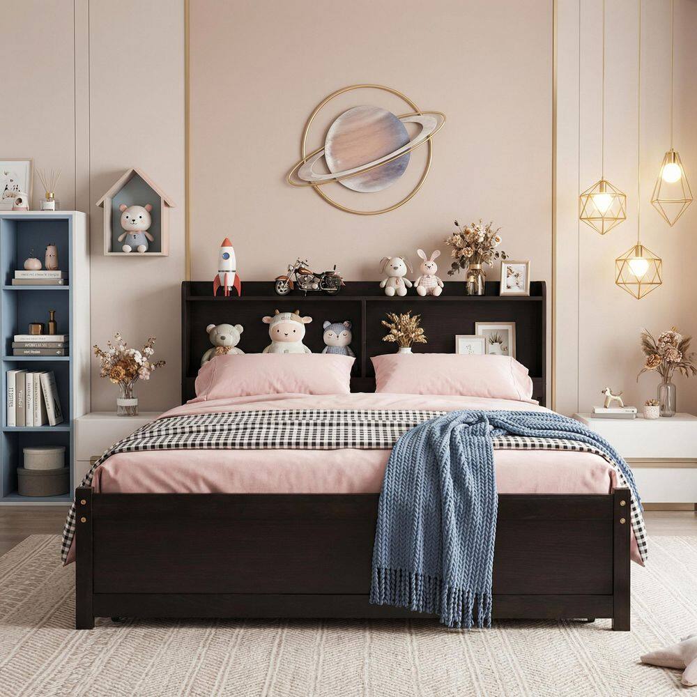 Espresso Brown Wood Frame Full Platform Bed with Trundle and Bookcase Headboard price history on PriceWatchPro