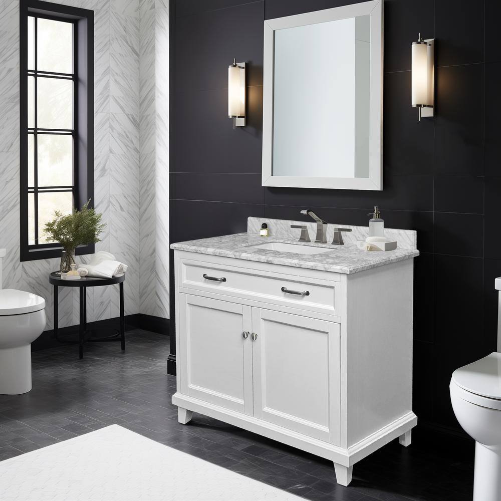36" White Solid Wood Bathroom Vanity with Carrara Marble Top
