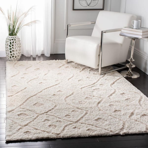 Sparta Shag 7 ft. x 7 ft. Ivory/Beige Solid Color High-Low Square Area Rug