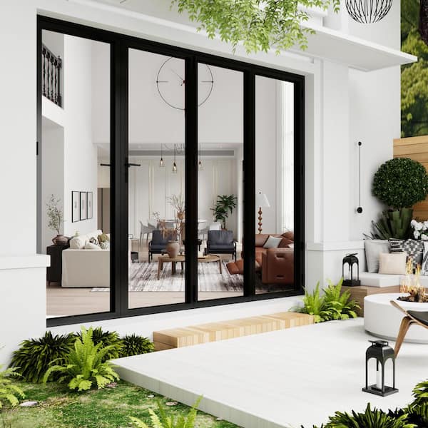 132 in. x 96 in. Right Hand Folding Double Tempered Glass Black Aluminum Folding Patio Door