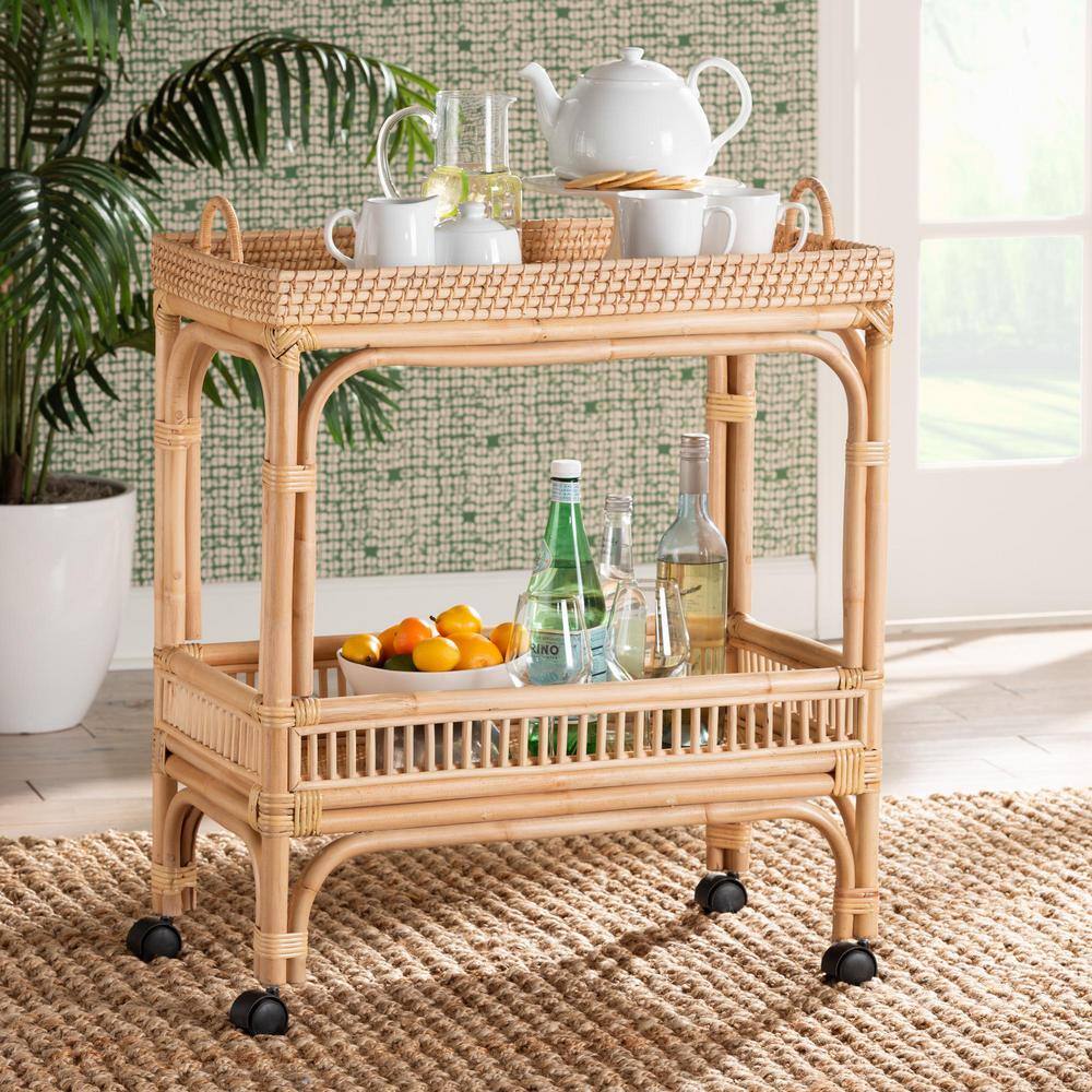 Natural Nude Rattan Rectangular Beverage Cart with Storage