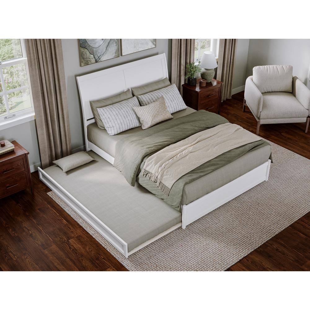 White Queen Wood Platform Bed with Trundle and Headboard