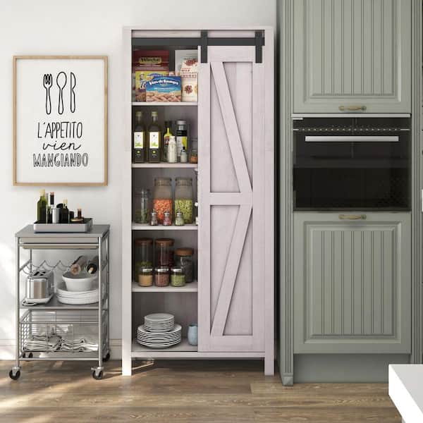 Furniture of America Wilda White Oak Food Pantry Cabinet with Barn Door