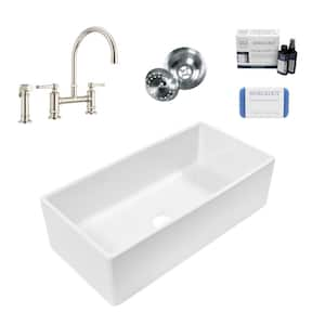 Bradstreet II 36 in. Farmhouse Apron Front Undermount Single Bowl White Fireclay Kitchen Sink with Nickel Faucet Kit