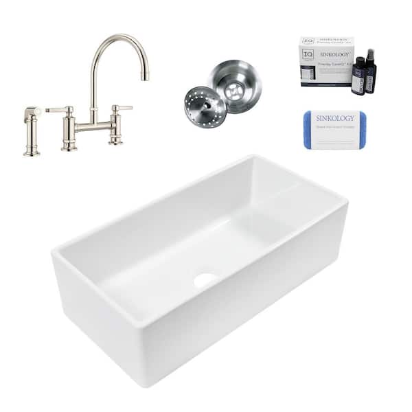 SINKOLOGY Bradstreet II 36 in. Farmhouse Apron Front Undermount Single Bowl White Fireclay Kitchen Sink with Nickel Faucet Kit