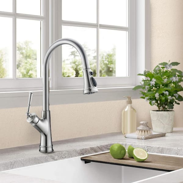 17.99 in. Single Handle Stainless Steel 360 ° Spout Swive High Arc Pull Down Sprayer Kitchen Faucet in Brushed Nickel