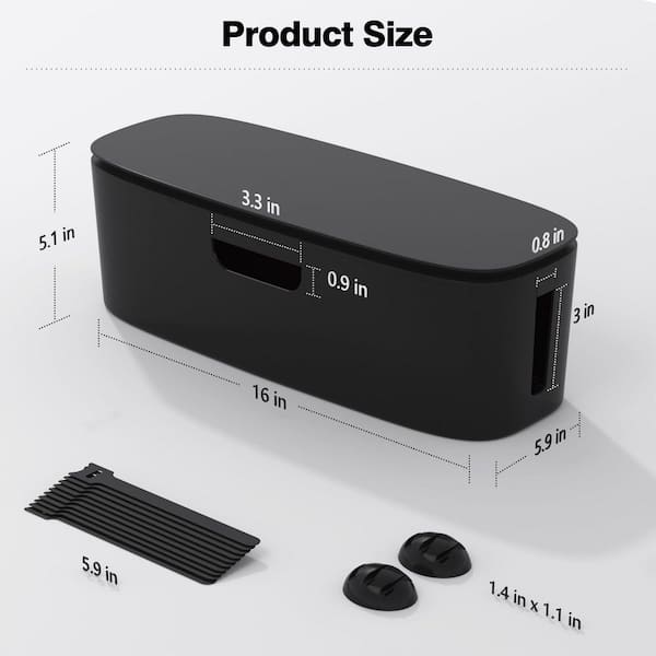 16 in. Black Cable Management Box with Lid, Power Strip and Cord Organizer for Under-Desk, TV and Home Office