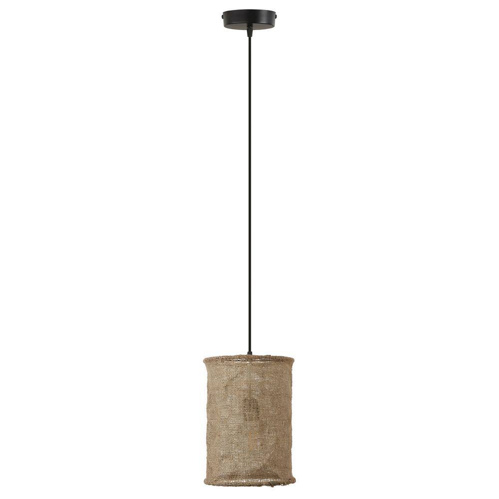 Tan Jute and Black Metal Cylinder Pendant Light
