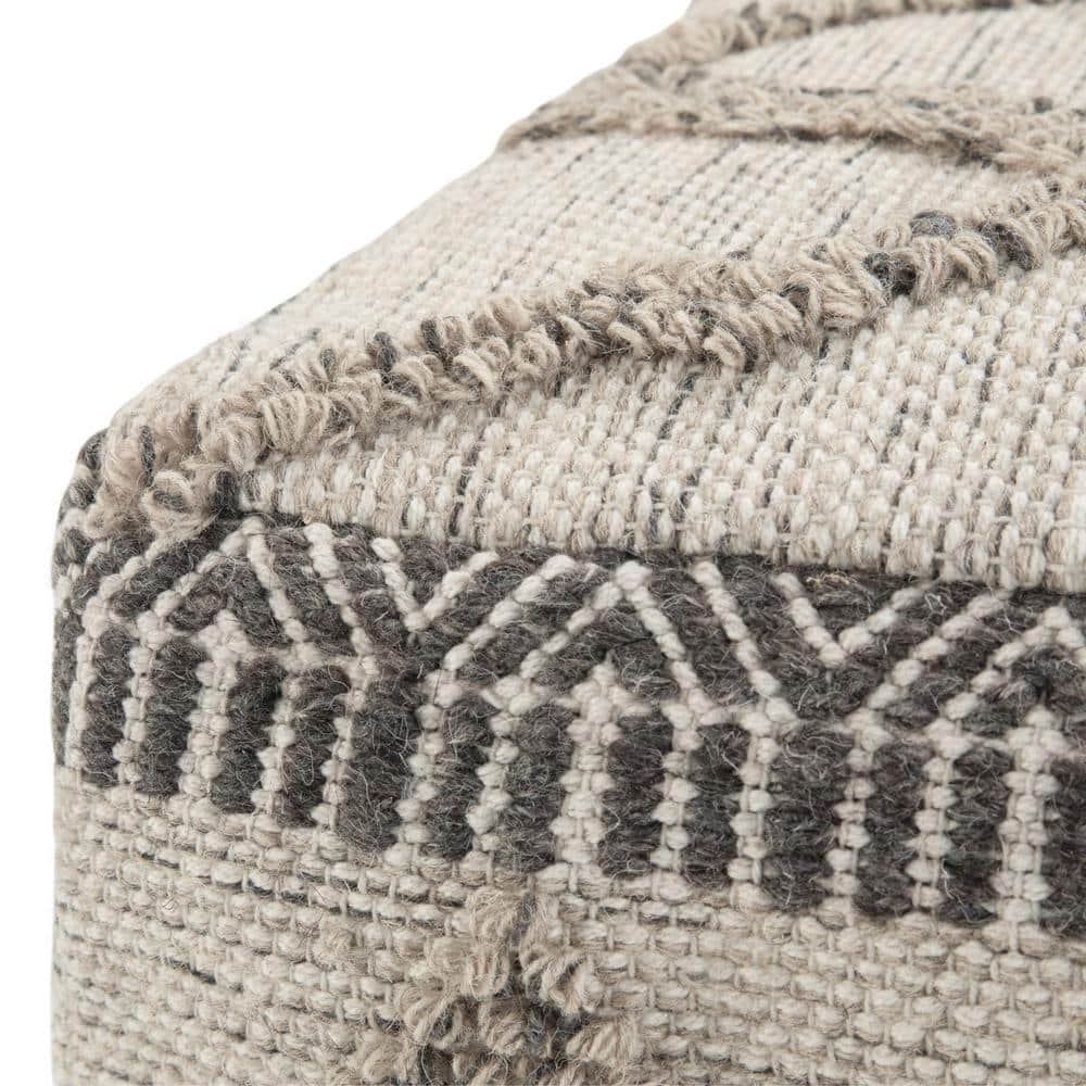 Sweeney Boho Handloom Woven Wool-Cotton Square Pouf in Grey Natural