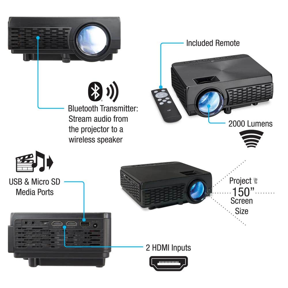 Black Mini Bluetooth DLP Projector with HDMI and USB