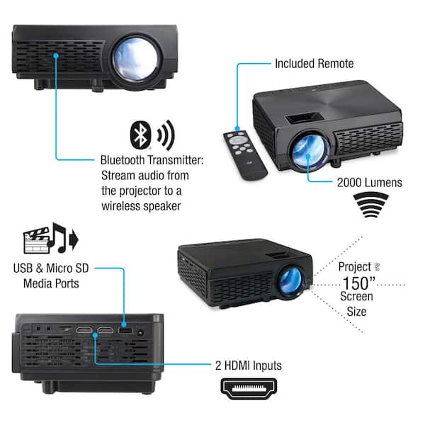 tablero Cena aceleración GPX 800 x 480 Mini Projector with Bluetooth and 2000 Lumens PJ300B - The  Home Depot